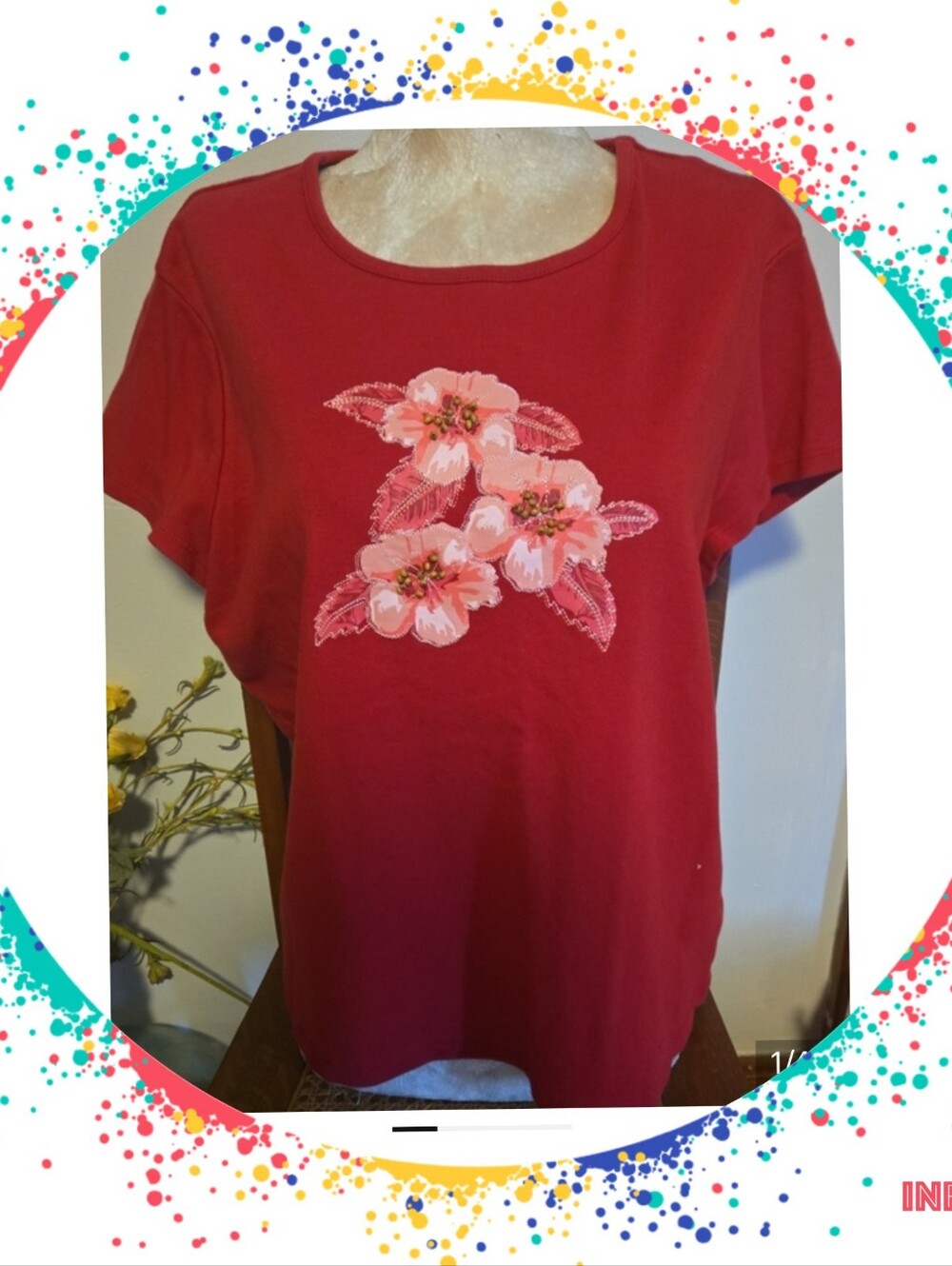 Pretty croft & barrow Red Short-Sleeve Tee with Pink Floral Size Xl